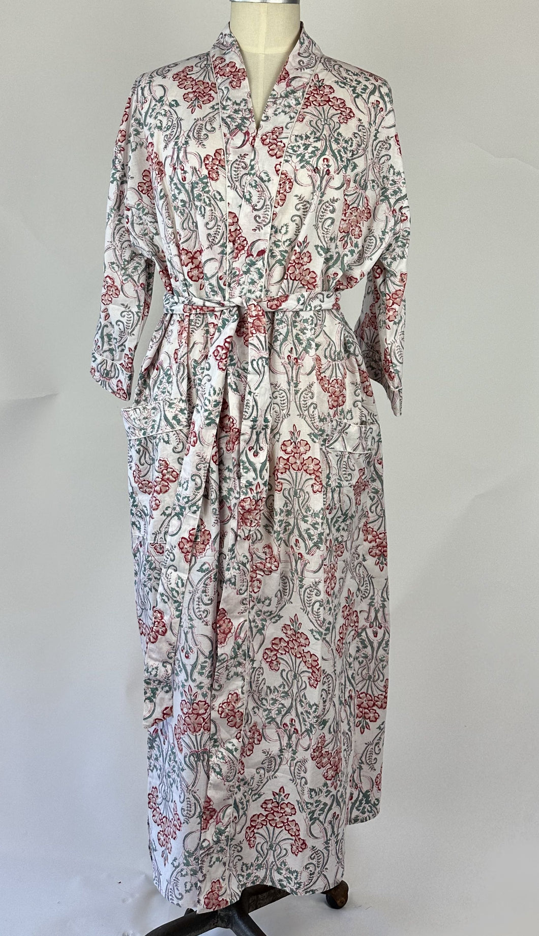 Cotton Dressing Gown - Pink & Grey Floral - Isabel Harris