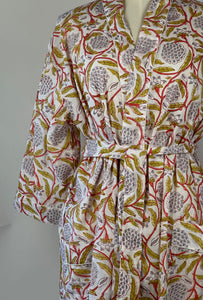 Cotton Dressing Gown - Yellow/Salmon + Grey - Isabel Harris