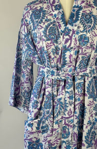 Cotton Dressing Gown - Blue & Purple Paisley Print - Isabel Harris