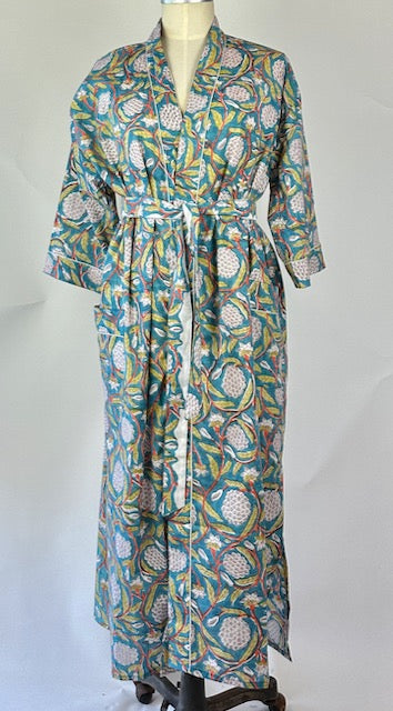 Cotton Dressing Gown - Turquoise Floral - Isabel Harris