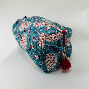 Quilted Cotton Toilet Bag - Turquiose + Red and White - Isabel Harris
