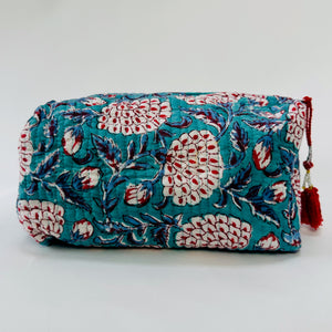 Quilted Cotton Toilet Bag - Turquiose + Red and White - Isabel Harris